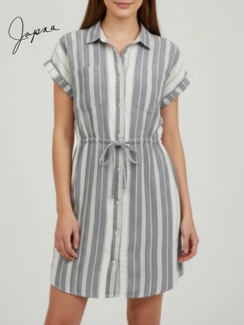 Sz S Japna Anthropologie 100% Cotton Striped Button-Up Dress - Blue-Grey & White